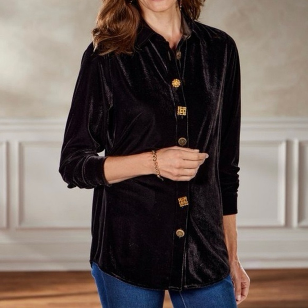 Soft Surroundings Filigree Velvet Boyfriend Shirt Black Button Up Women’s Size S